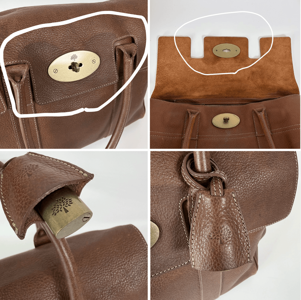 Mulberry Bayswater brown leather bag brass hardware and Postman’s Lock details