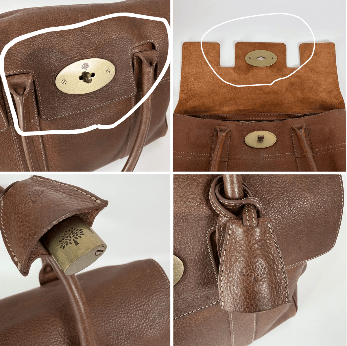 Mulberry Bayswater brown leather bag brass hardware and Postman’s Lock details
