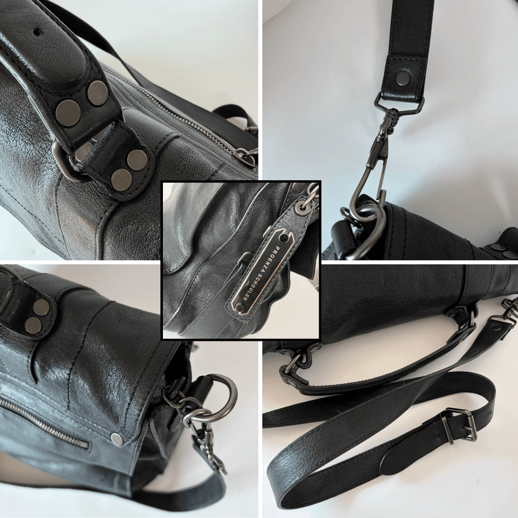 Proenza Schouler PS1 black leather satchel bag hardware and buckle details