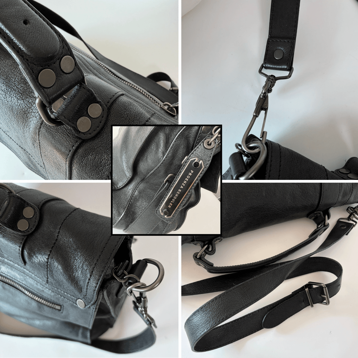 Proenza Schouler PS1 black leather satchel bag hardware and buckle details