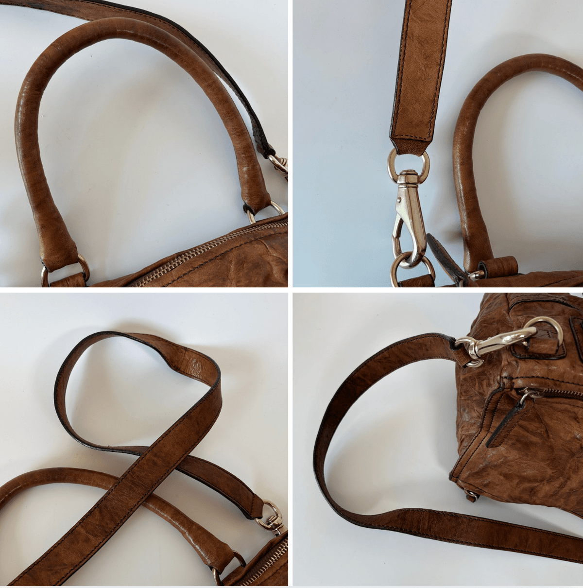 Givenchy Pandora Medium Shoulder Bag brown distressed leather shoulder strap and construction details
