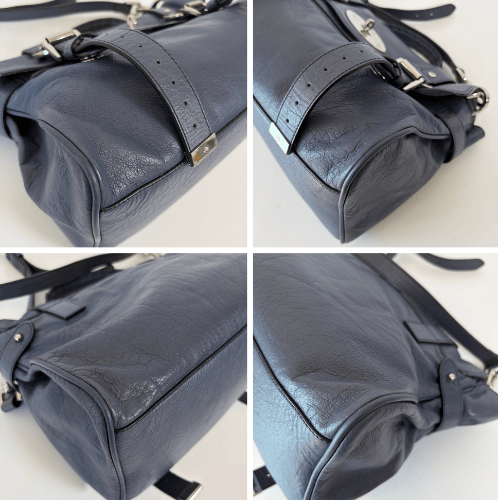 Mulberry Alexa Satchel Bag navy blue leather corner and edge condition details