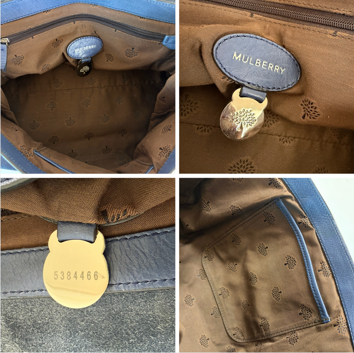 Mulberry Alexa Satchel Bag interior brand stamp and serial number details