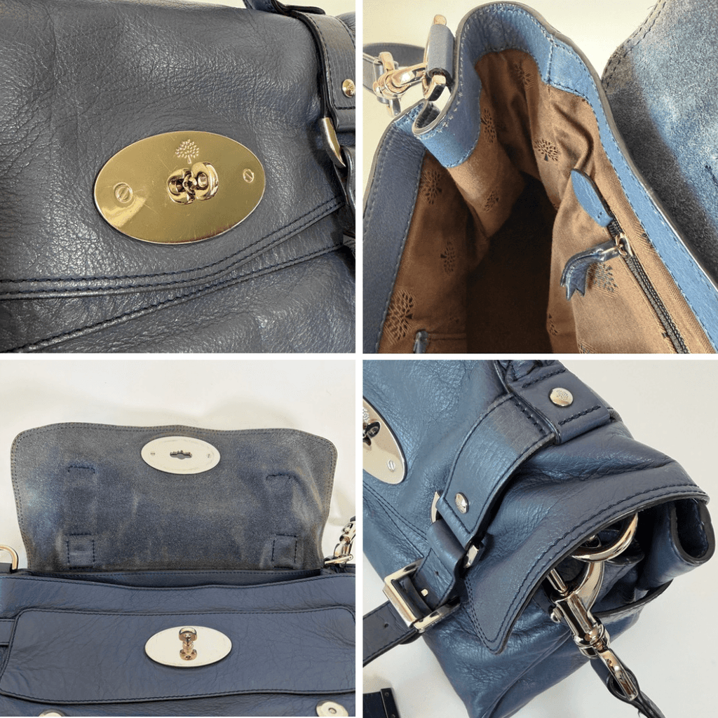 Mulberry Alexa Satchel Bag silver-tone Postman's Lock and buckle hardware details