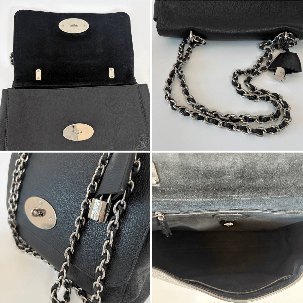 Mulberry Lily Shoulder Bag silver-tone Postman's Lock and chain hardware close-up interior lining