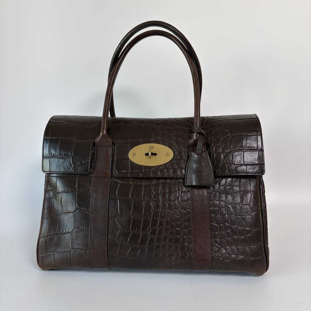 Mulberry Bayswater Satchel Bag Croc Embossed Leather Dark Brown