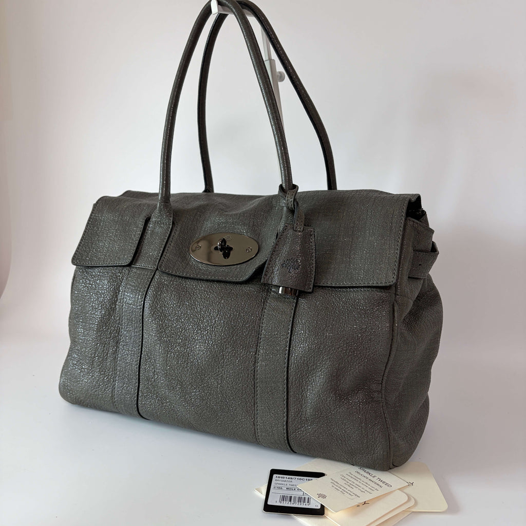 Authentic Mulberry Bayswater Sparkle Tweed Leather Satchel Bag Gray