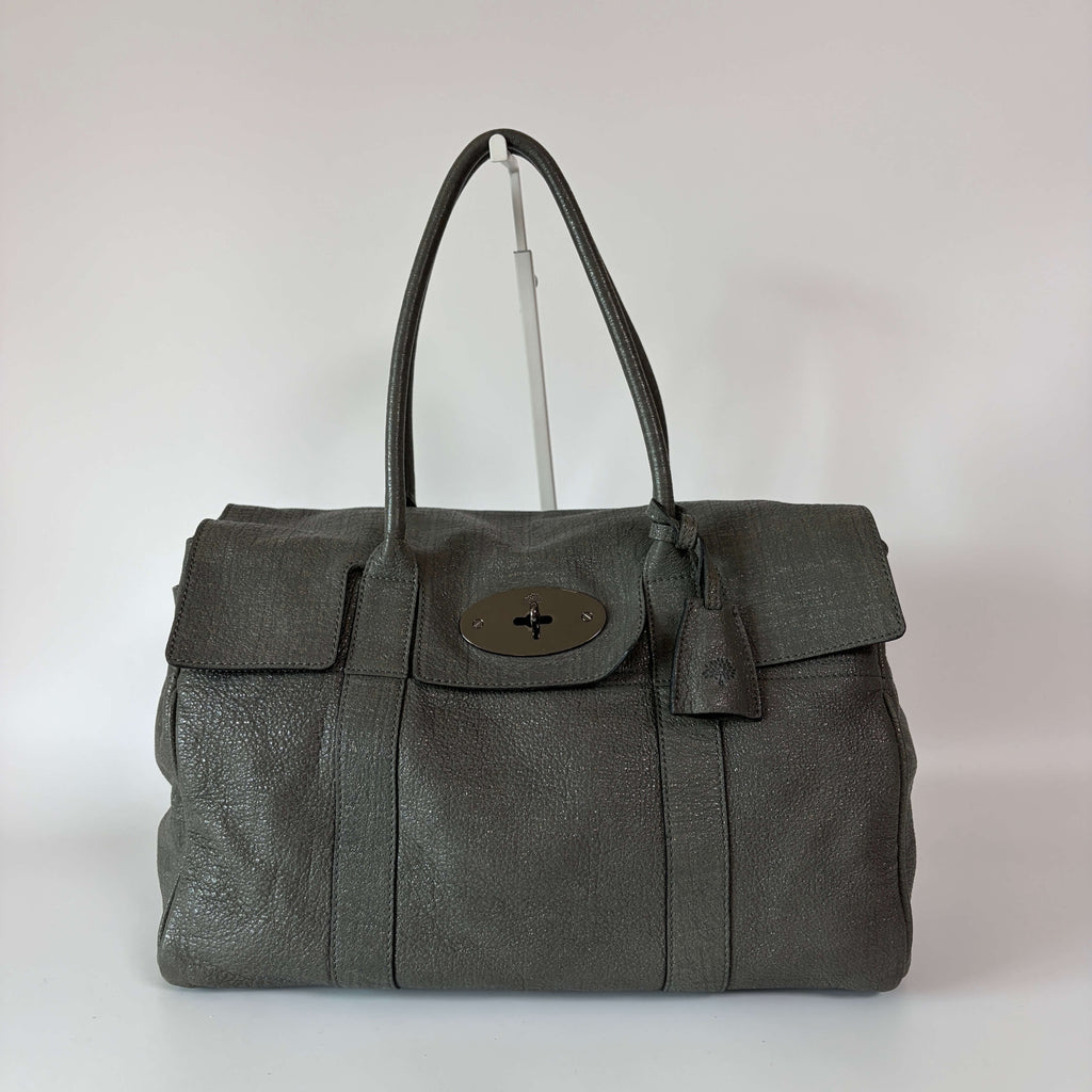 Authentic Mulberry Bayswater Sparkle Tweed Leather Satchel Bag Gray