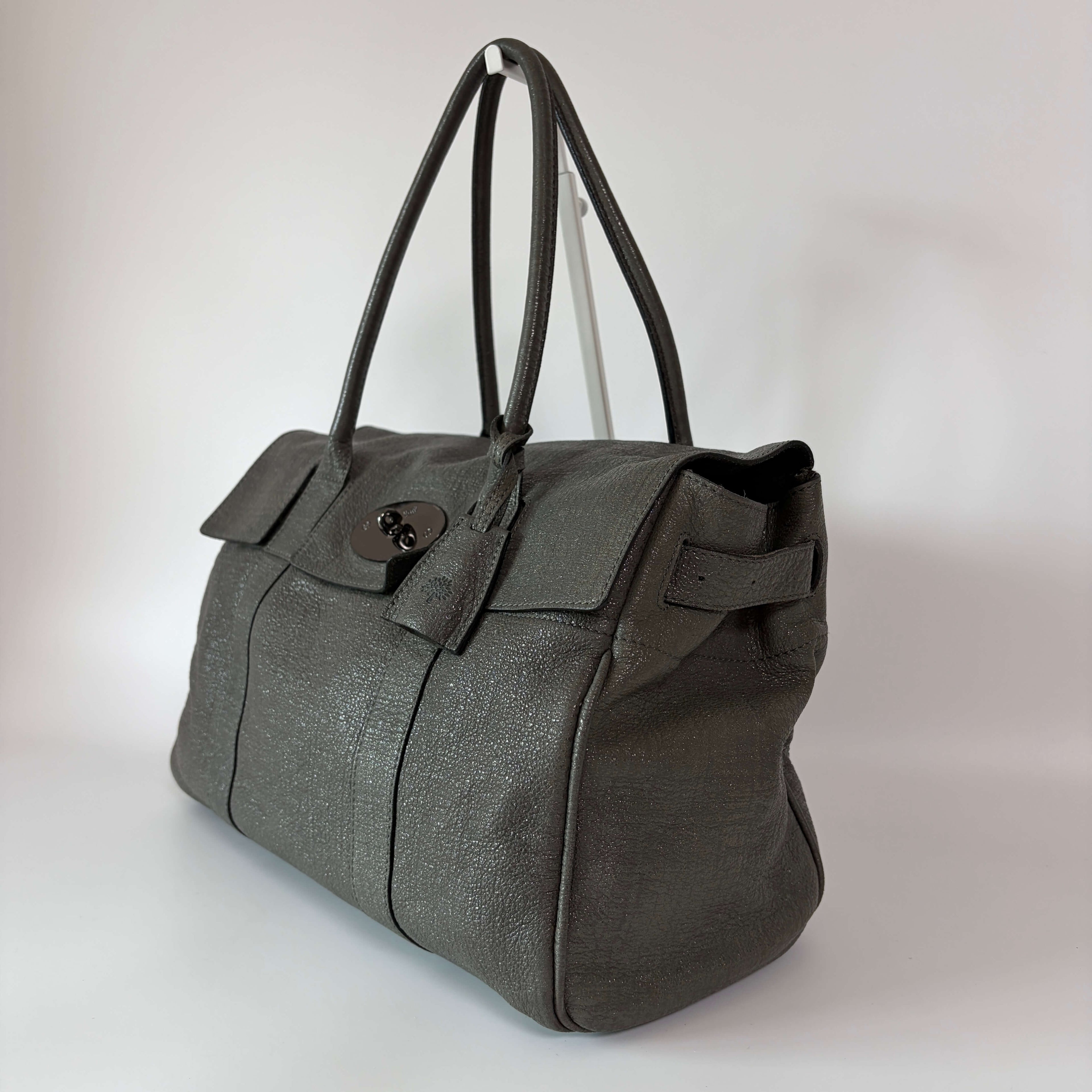 Authentic Mulberry Bayswater Sparkle Tweed Leather Satchel Bag Gray