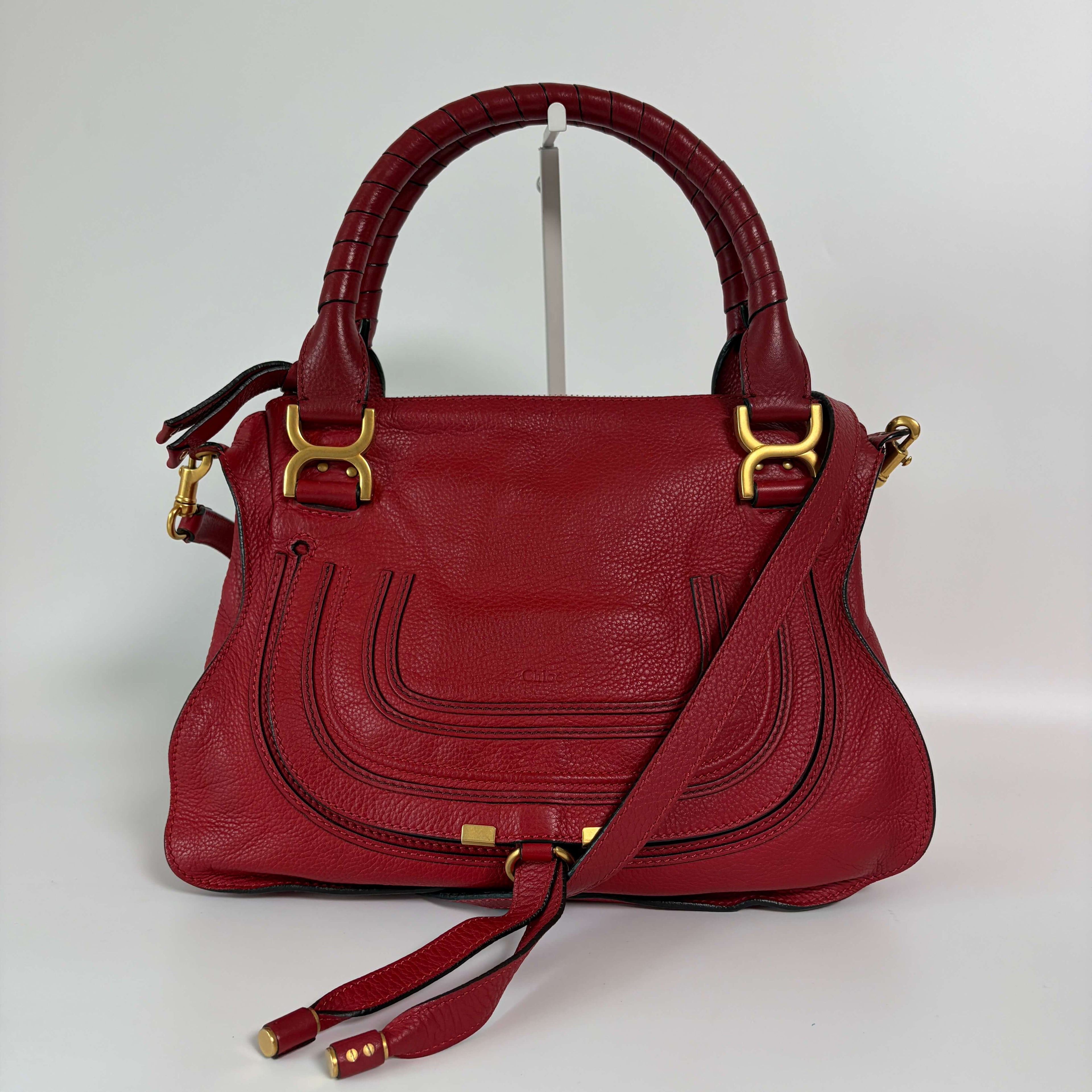 Authentic Chloé Marcie Medium Red Leather Satchel Shoulder Bag