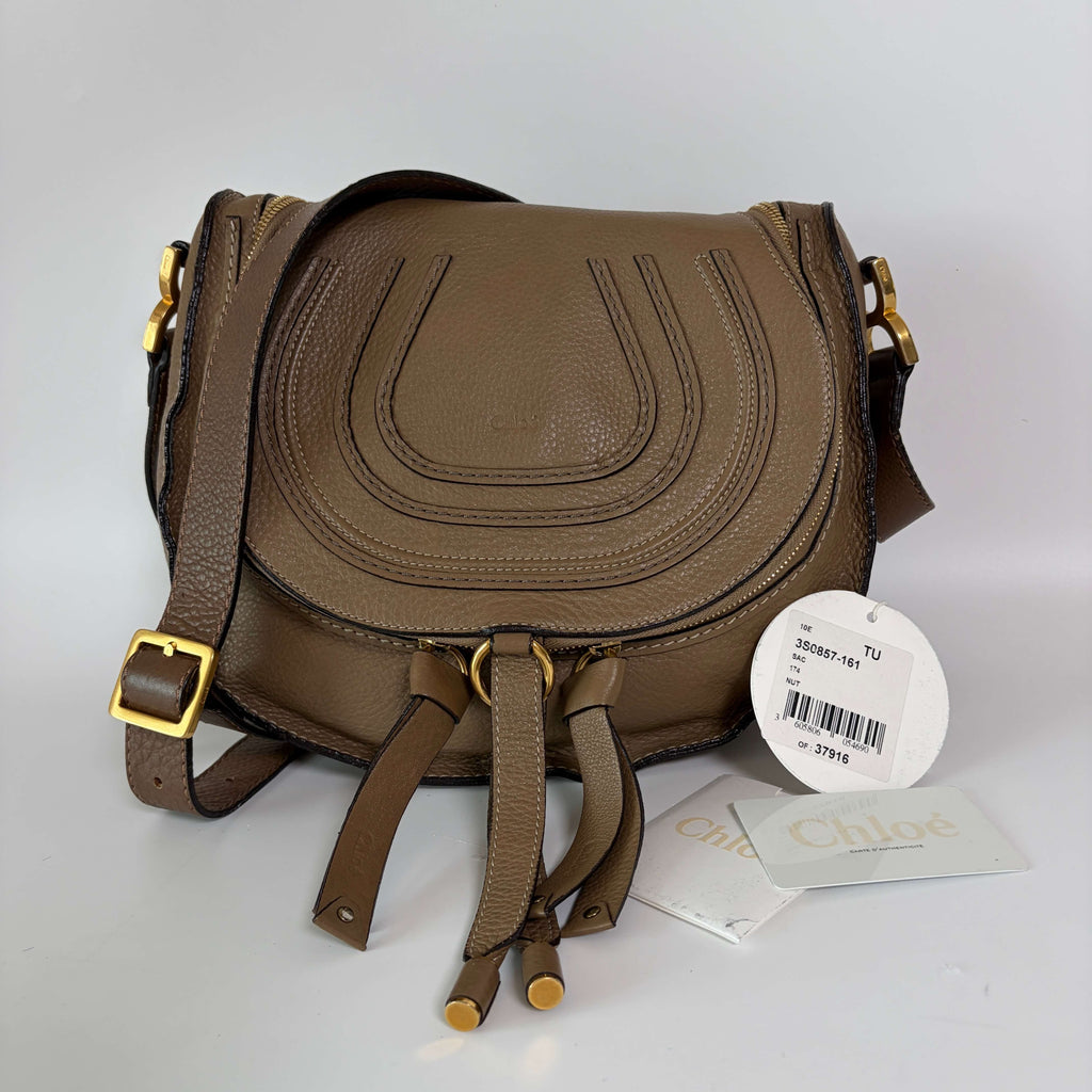 Authentic Chloé Marcie Medium Crossbody Bag Nut brown leather front view with tassel details