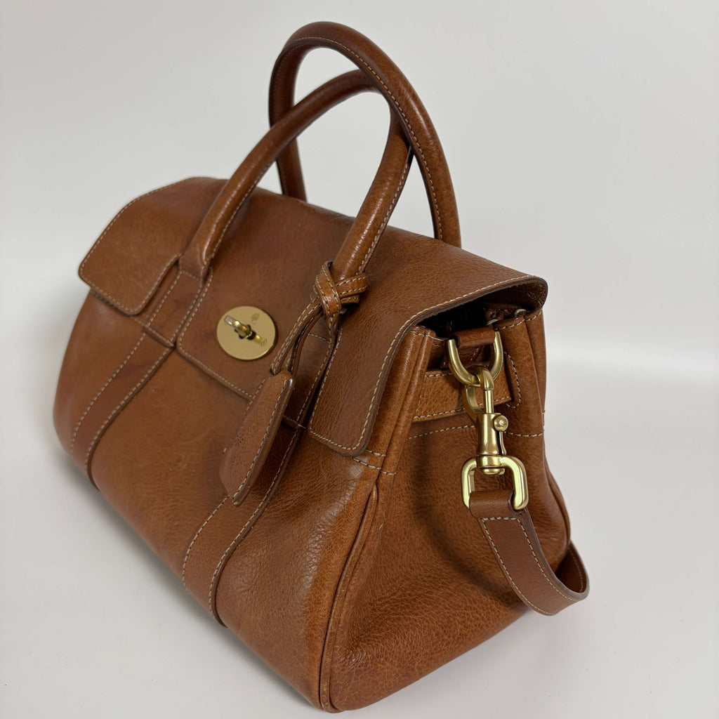 Authentic Mulberry Small Bayswater Satchel natural tan leather bag with brass hardware and detachable shoulder strap