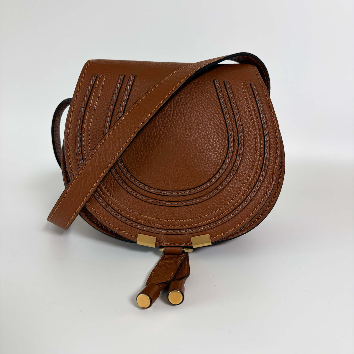 Authentic Chloé Marcie Mini Crossbody Bag brown leather front view with tassel details
