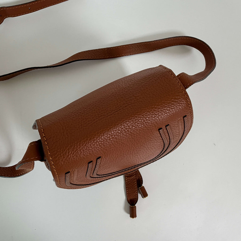 Chloé Marcie Mini Crossbody Bag brown leather top view and flap details