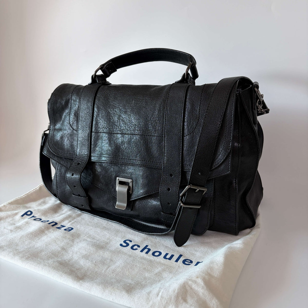 Authentic Proenza Schouler PS1 black leather satchel bag side view