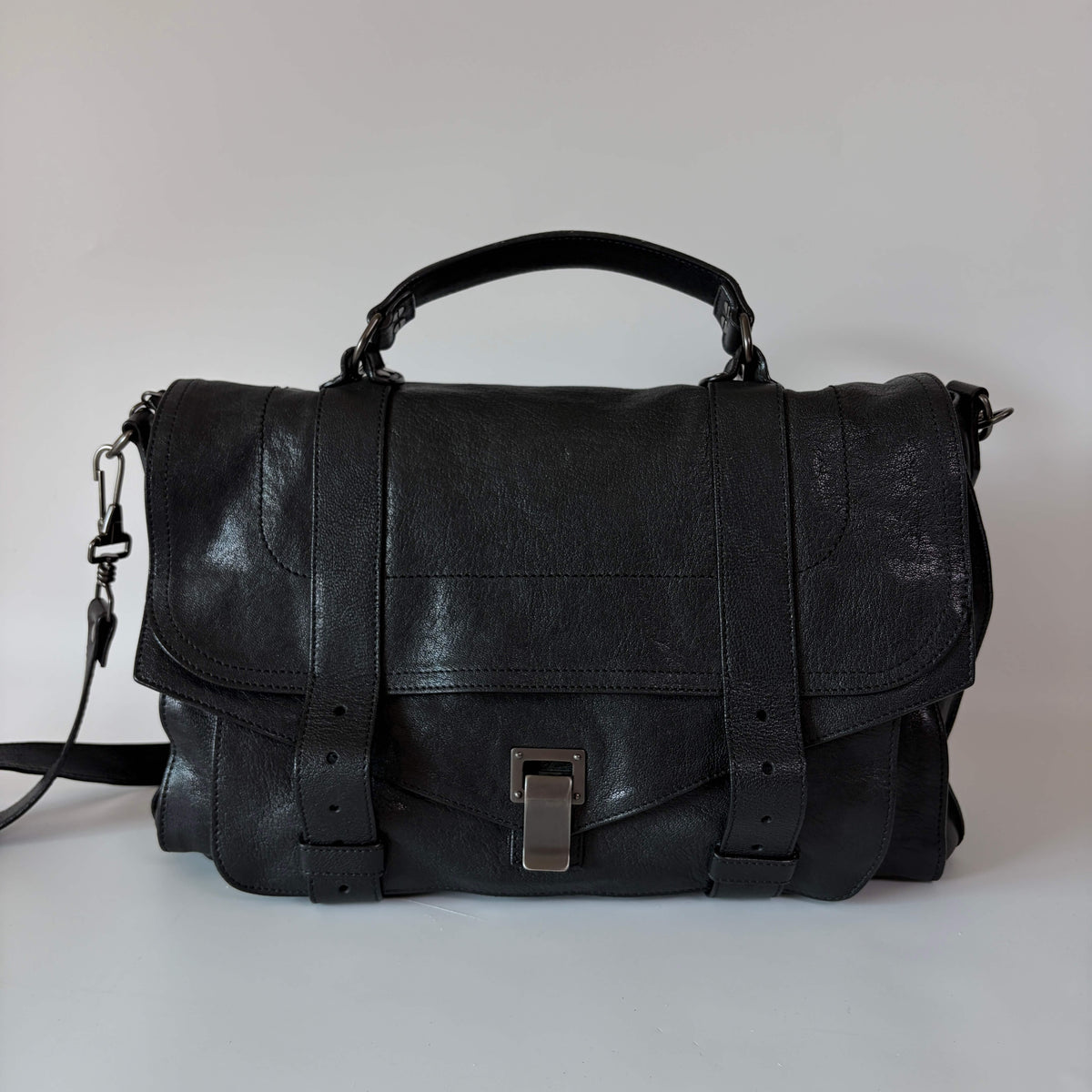 Authentic Proenza Schouler PS1 black leather satchel bag front view