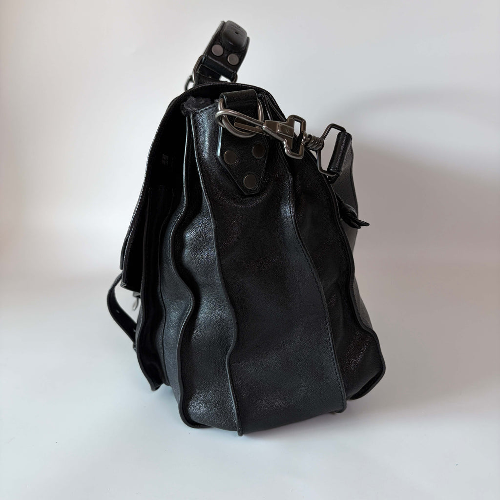 Proenza Schouler PS1 black leather satchel bag right side detail