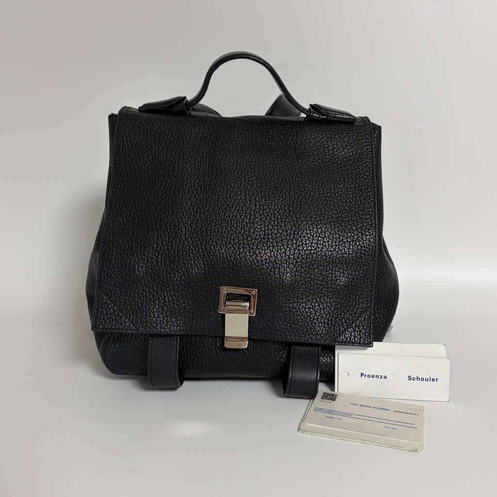 Authentic Proenza Schouler PS1 Backpack black leather front view with silver-tone clasp