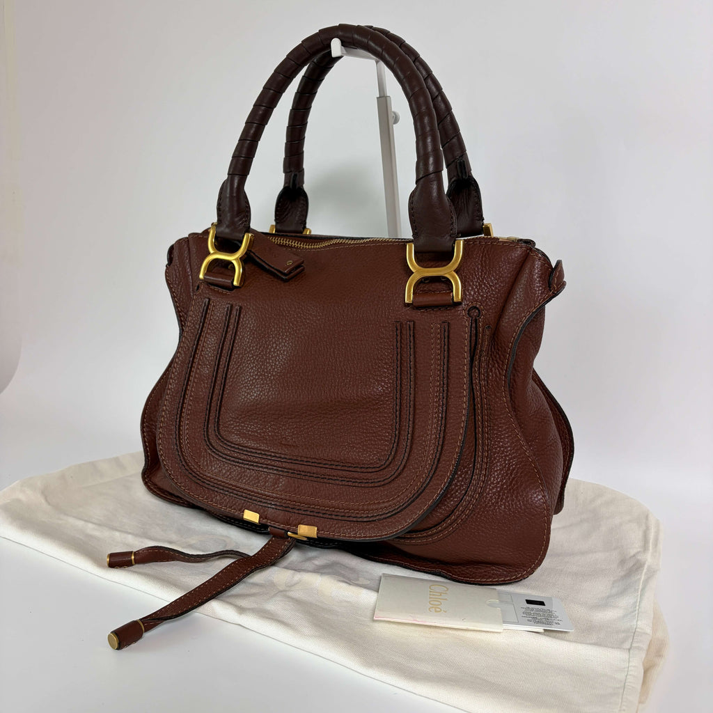 Authentic Chloé Marcie Shoulder Bag brown leather side view with signature stitching and gold-tone hardware