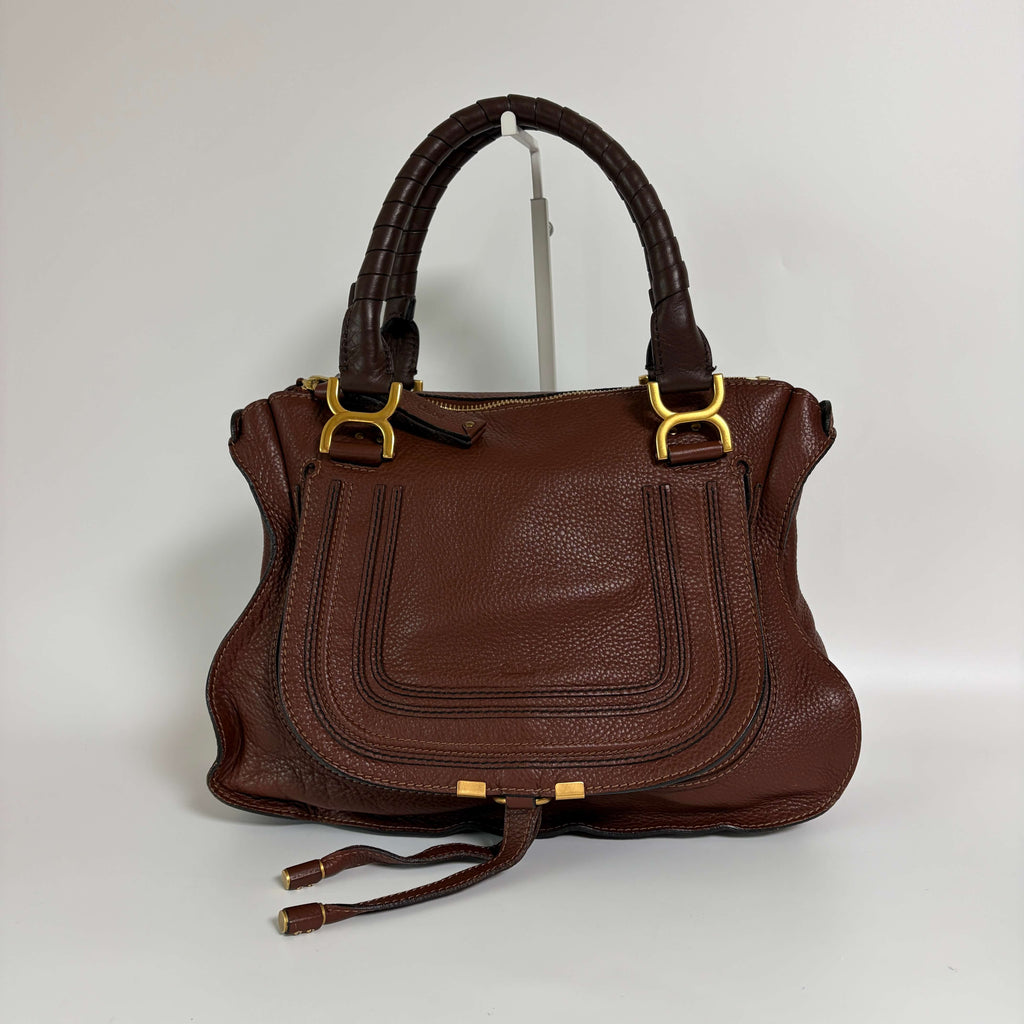 Authentic Chloé Marcie Shoulder Bag brown leather front view with signature curved stitching