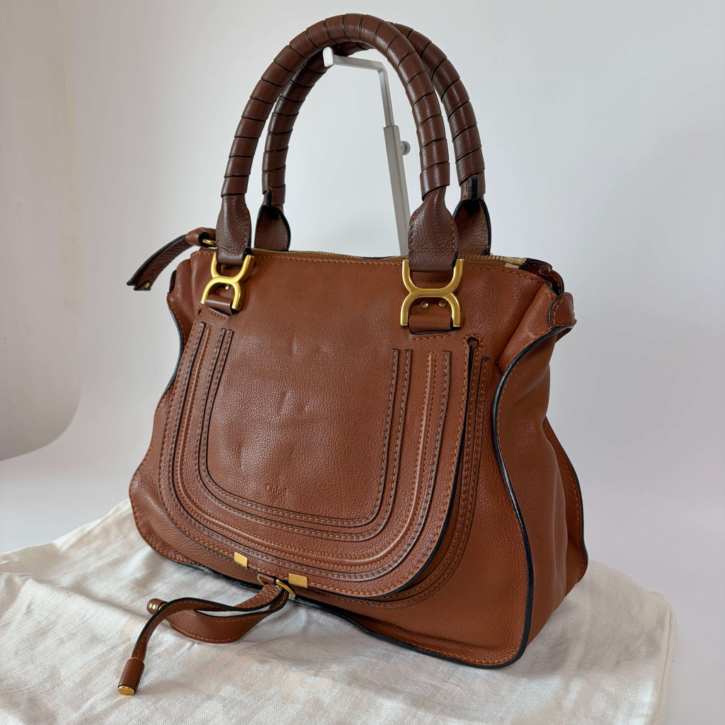 Authentic Chloé Marcie Shoulder Bag brown leather side view with signature stitching and gold-tone hardware