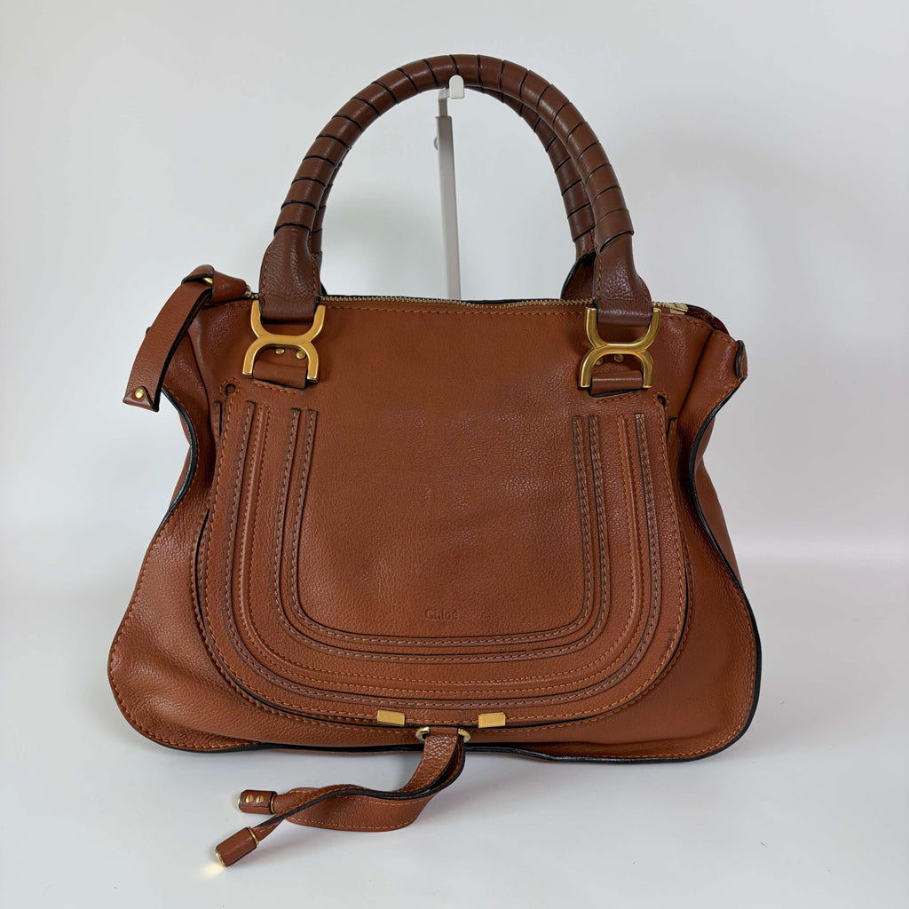 Authentic Chloé Marcie Shoulder Bag brown leather front view with signature curved stitching