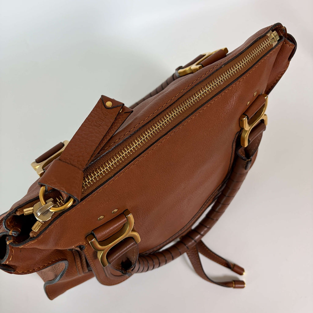 Chloé Marcie Shoulder Bag brown leather top view with zipper details