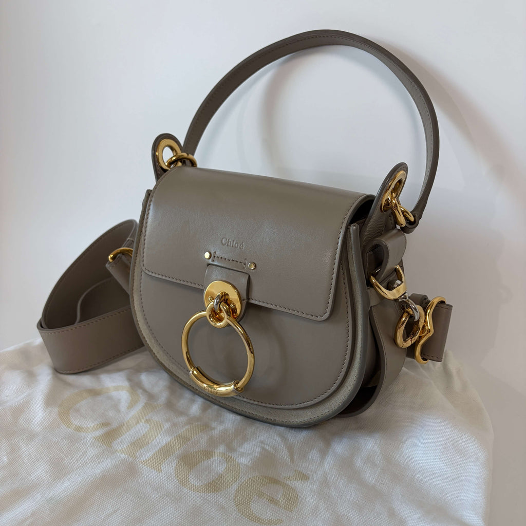 Authentic Chloé Tess Small Crossbody Bag gray leather side view with signature gold ring hardware