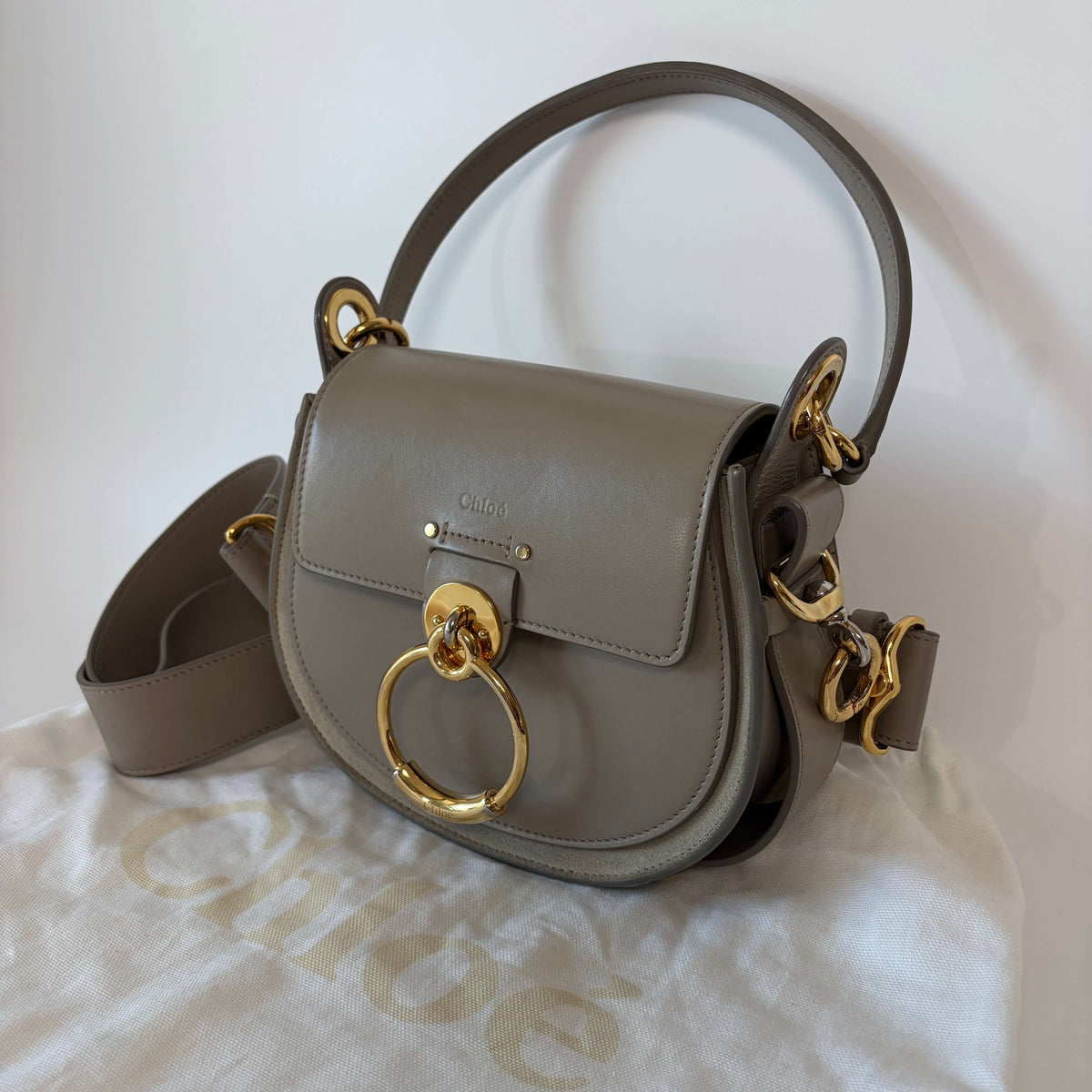 Authentic Chloé Tess Small Crossbody Bag gray leather side view with signature gold ring hardware
