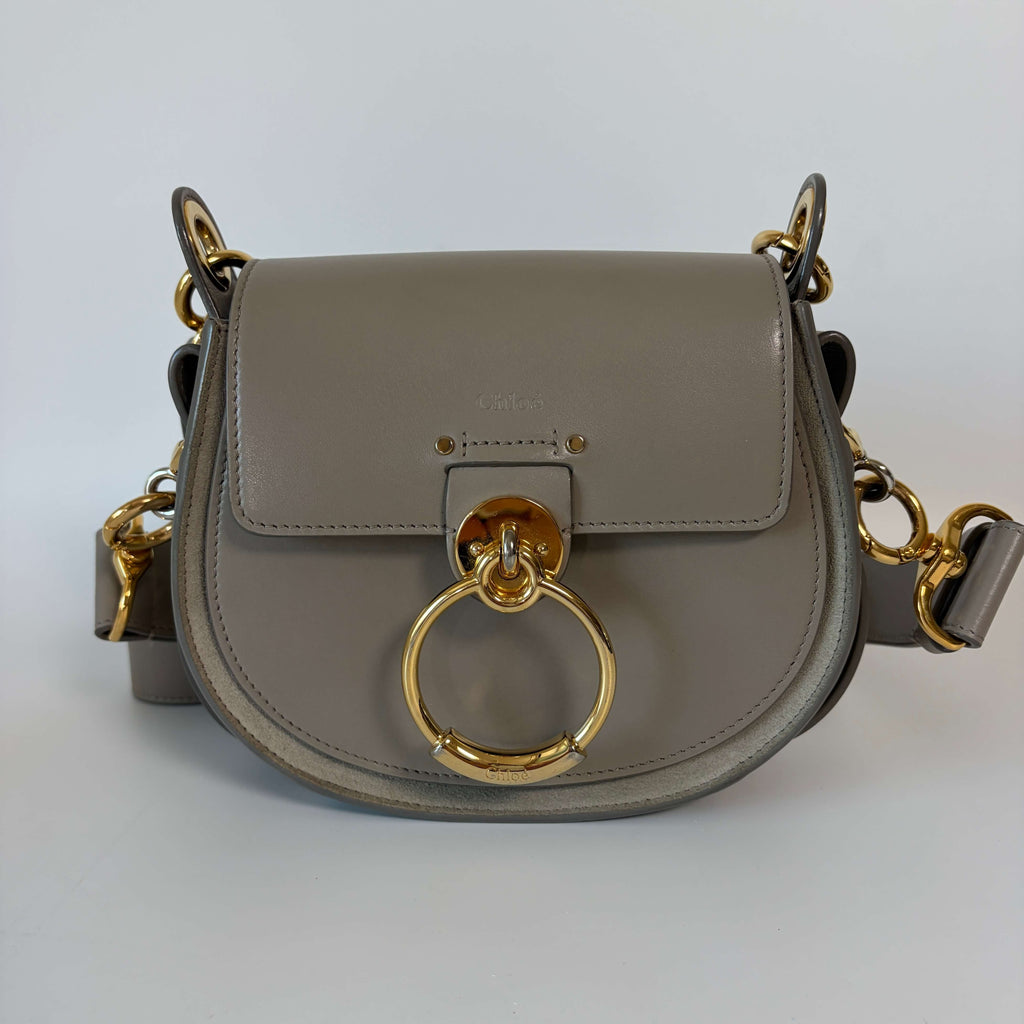Authentic Chloé Tess Small Crossbody Bag gray leather front view with gold-tone ring closure