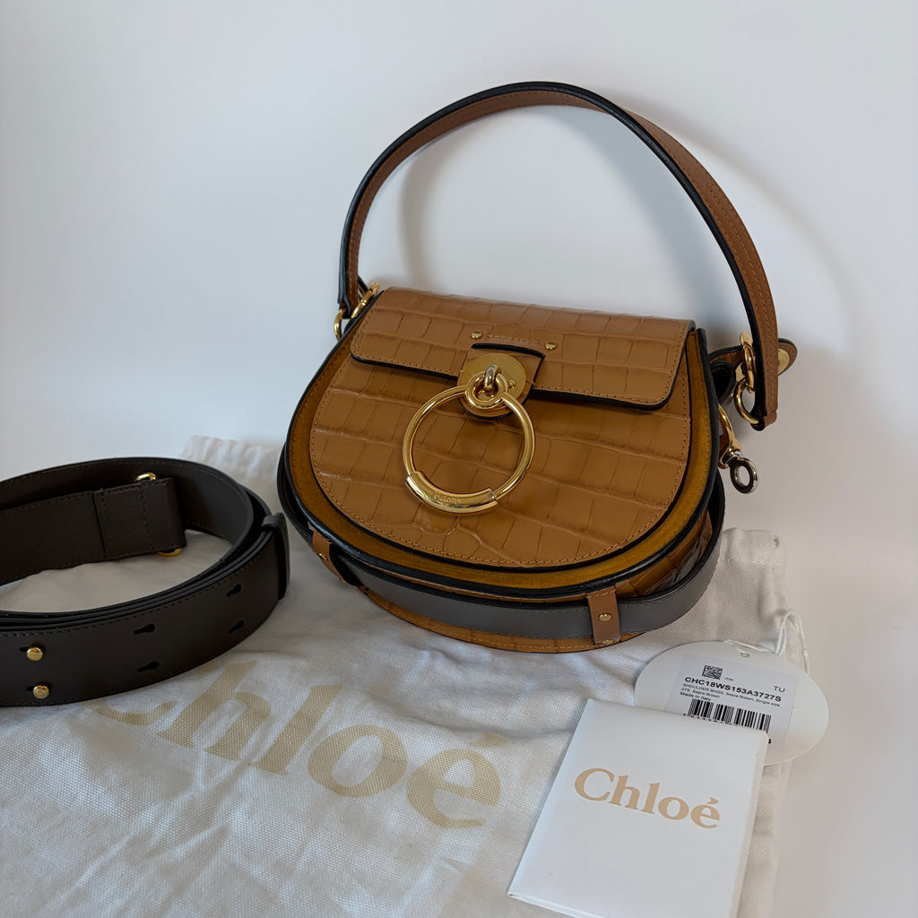 Authentic Chloé Tess Small Crossbody Bag gray leather side view with signature gold ring hardware