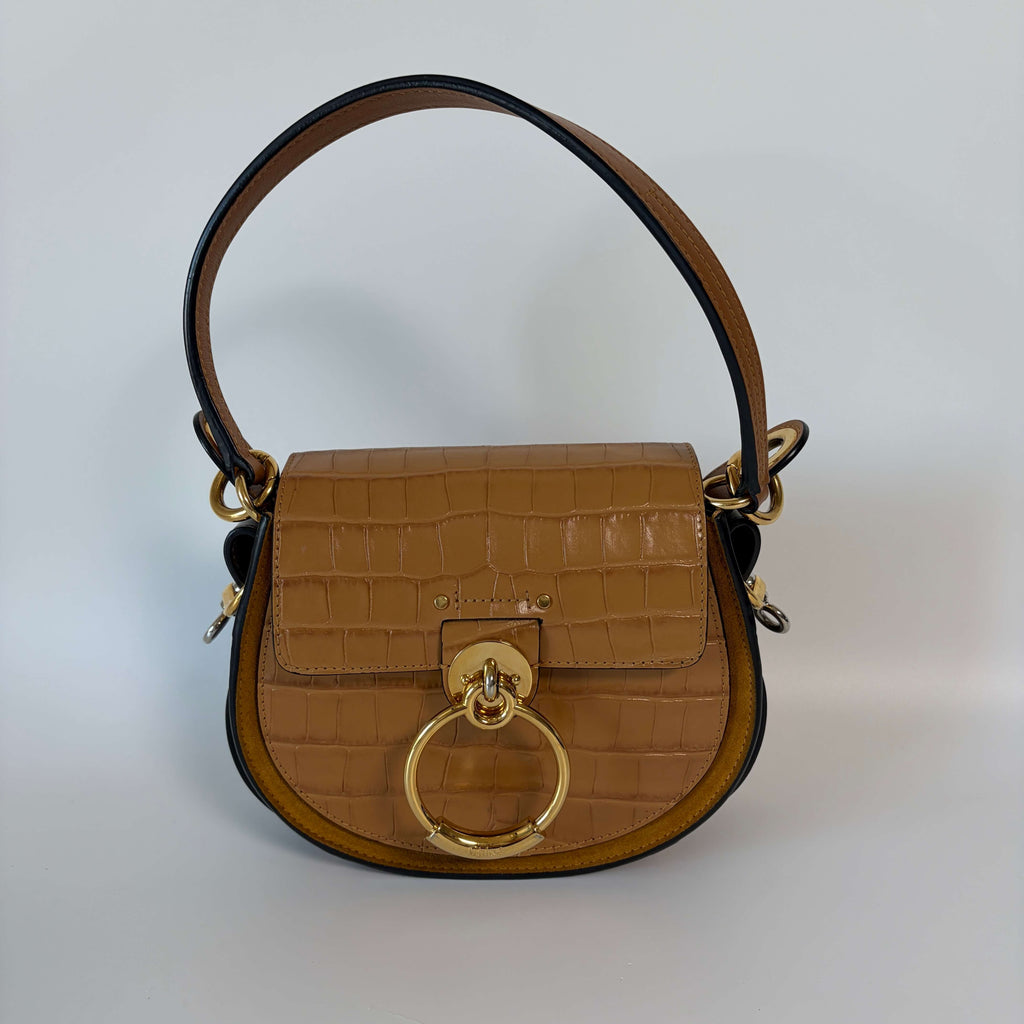 Authentic Chloé Tess Small Crossbody Bag gray leather front view with gold-tone ring closure