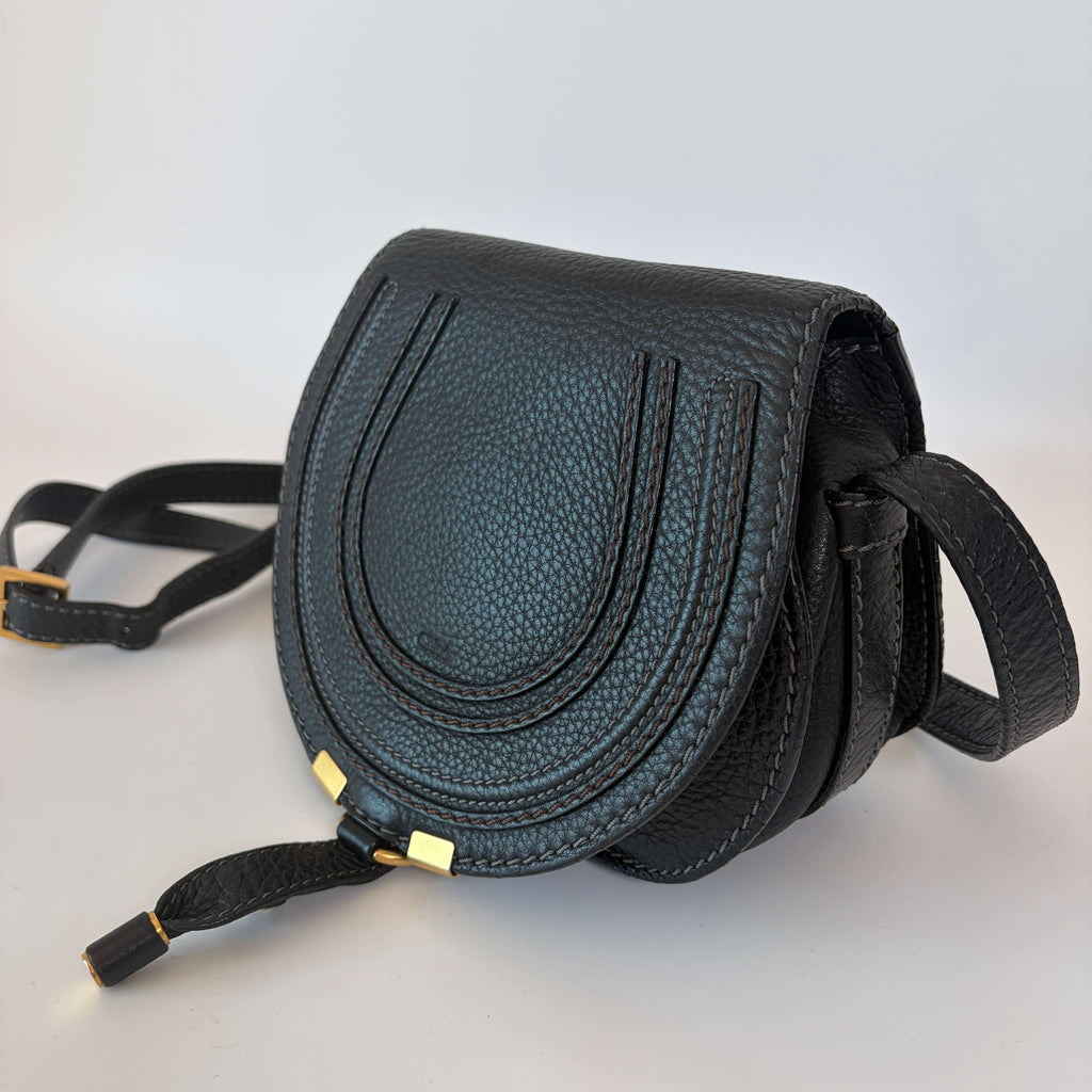 Authentic Chloé Marcie Mini Crossbody Bag black leather side view with signature curved stitching
