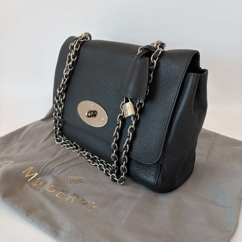 Mulberry Lily Shoulder Bag black grained leather front view with silver-tone chain strap and Postman's Lock