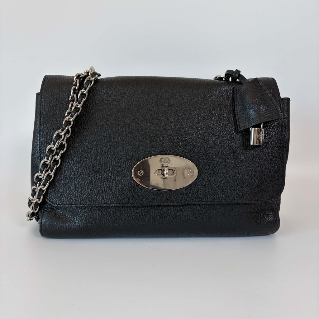 Mulberry Lily Shoulder Bag black leather front view with signature oval turn-lock closure