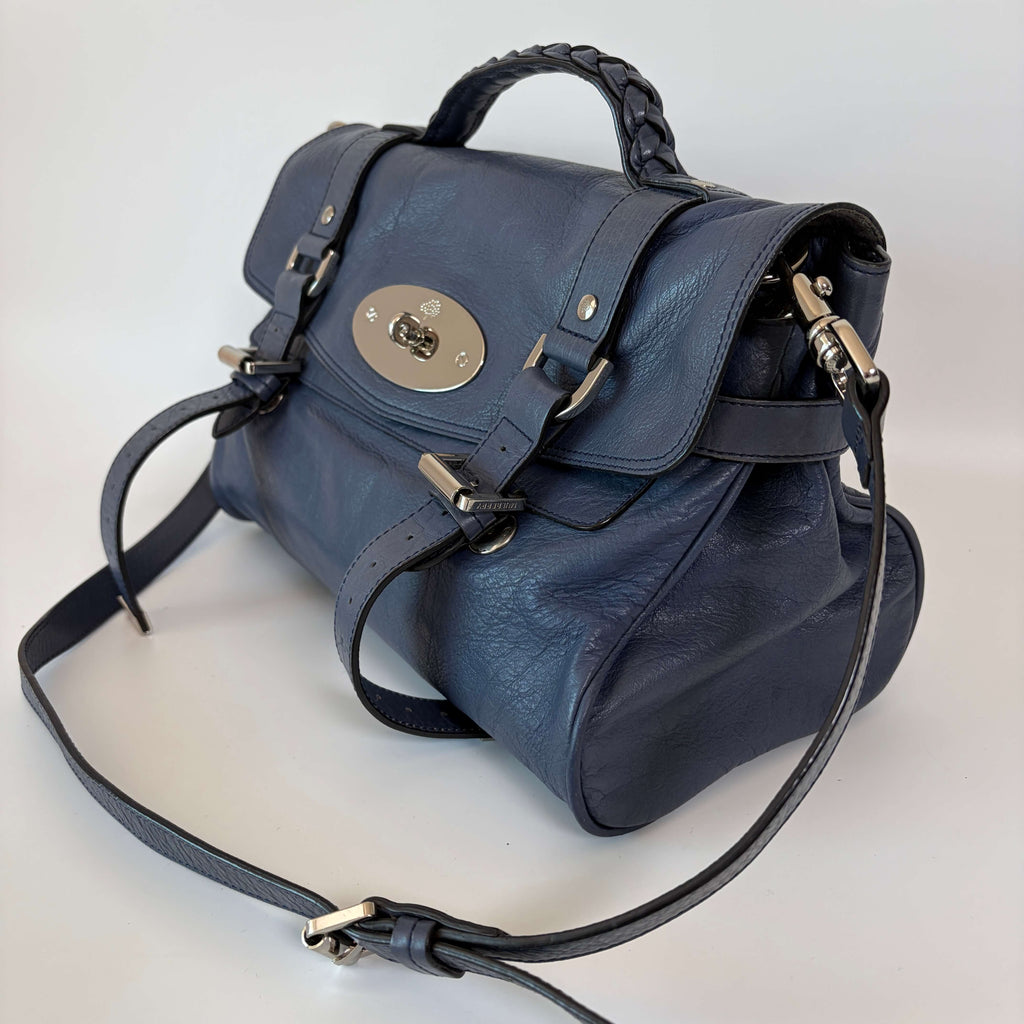 Mulberry Alexa Satchel Bag navy blue leather angled view with braided handle and Postman's Lock