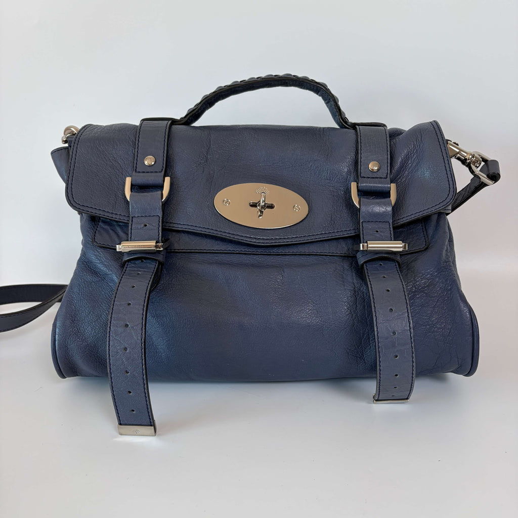 Mulberry Alexa Satchel Bag navy blue leather front view with signature buckle straps