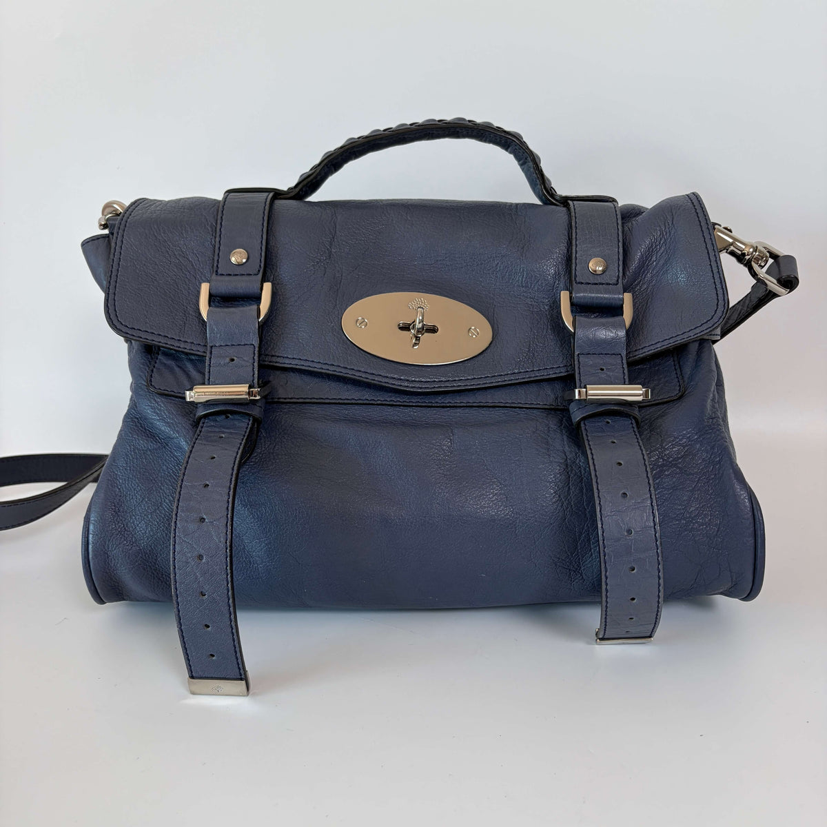 Mulberry Alexa Satchel Bag navy blue leather front view with signature buckle straps