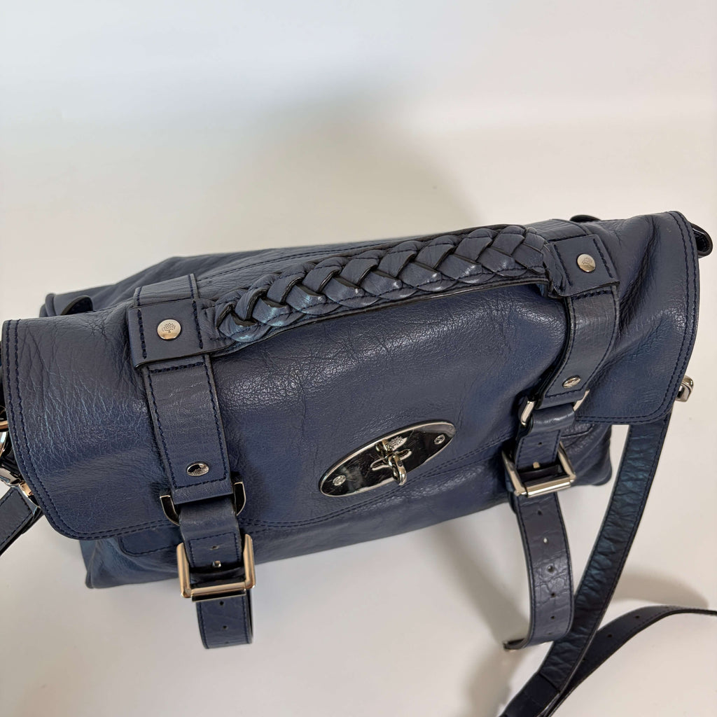 Mulberry Alexa Satchel Bag navy blue leather braided top handle and flap details