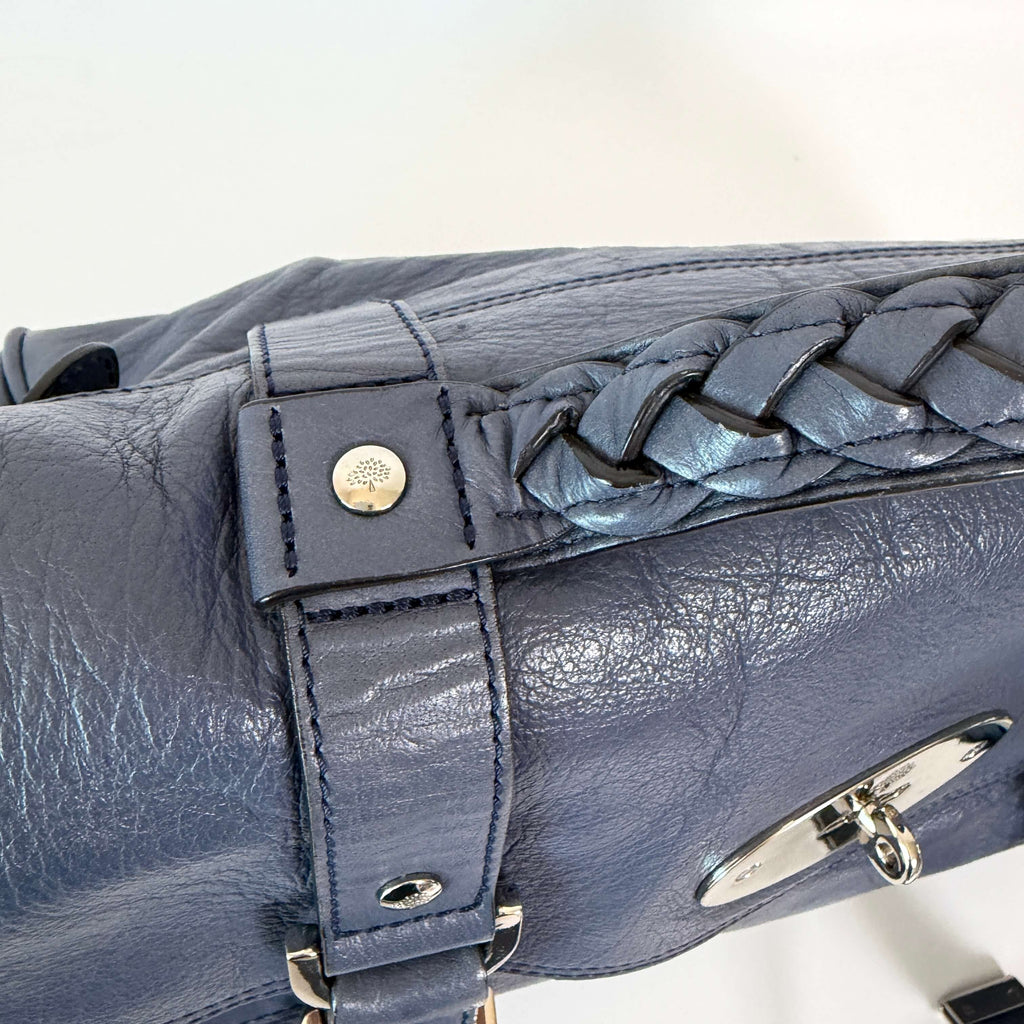 Mulberry Alexa Satchel Bag navy blue leather Braided top handle details