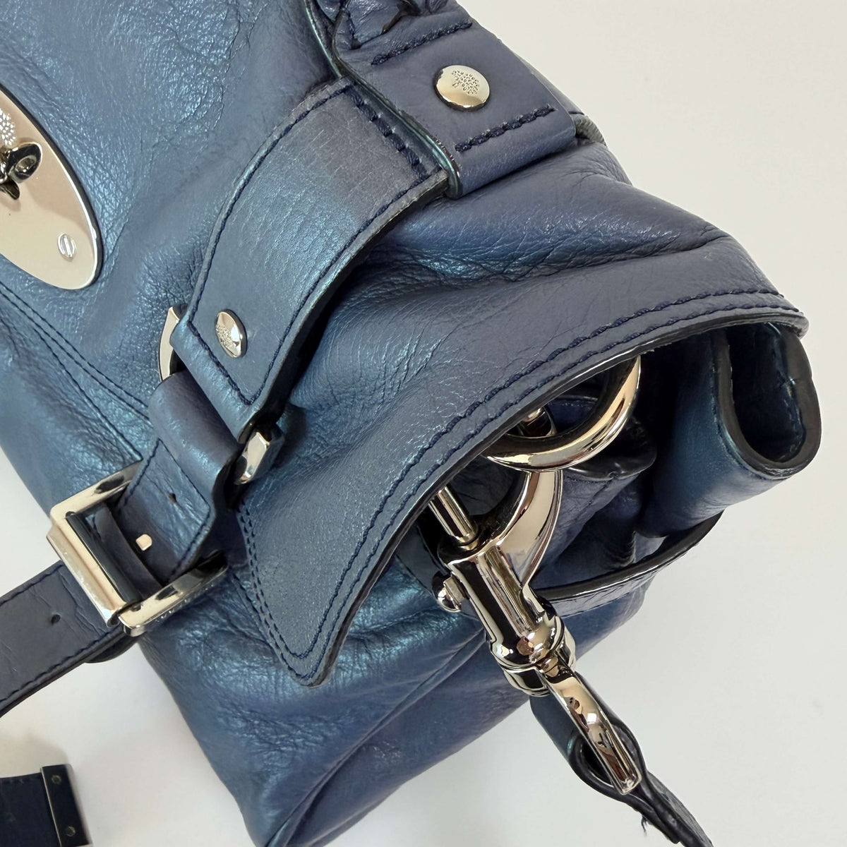 Mulberry Alexa Satchel Bag navy blue leather detachable shoulder strap and construction details